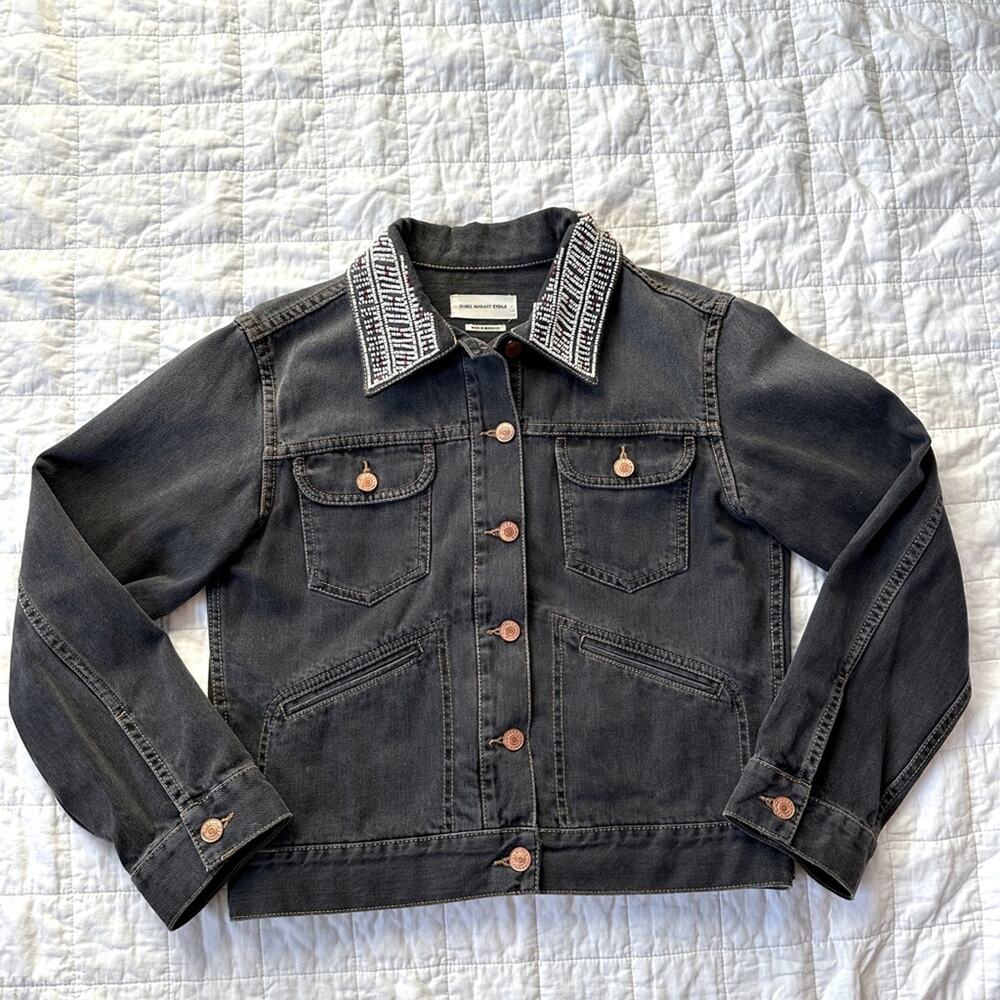 Isabel Marant Denim Jean Jacket Beaded Black Grey